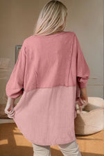 Contrast Texture Round Neck Long Sleeve Blouse - Ladyez