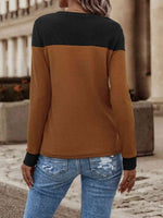 Contrast Buttoned Round Neck Long Sleeve T-Shirt - Ladyez
