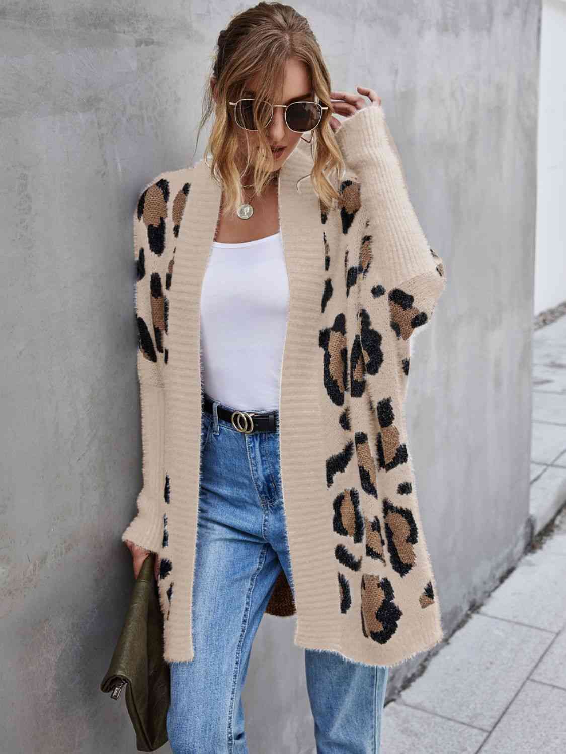 Leopard Pattern Fuzzy Cardigan - Ladyez