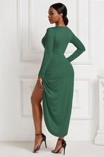High-low Ruched Surplice Long Sleeve Dress - Ladyez