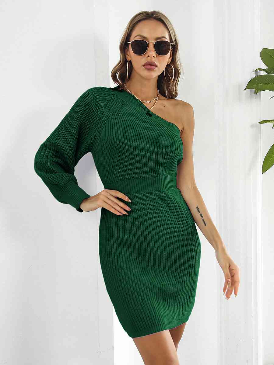 One-Shoulder Mini Sweater Dress - Ladyez