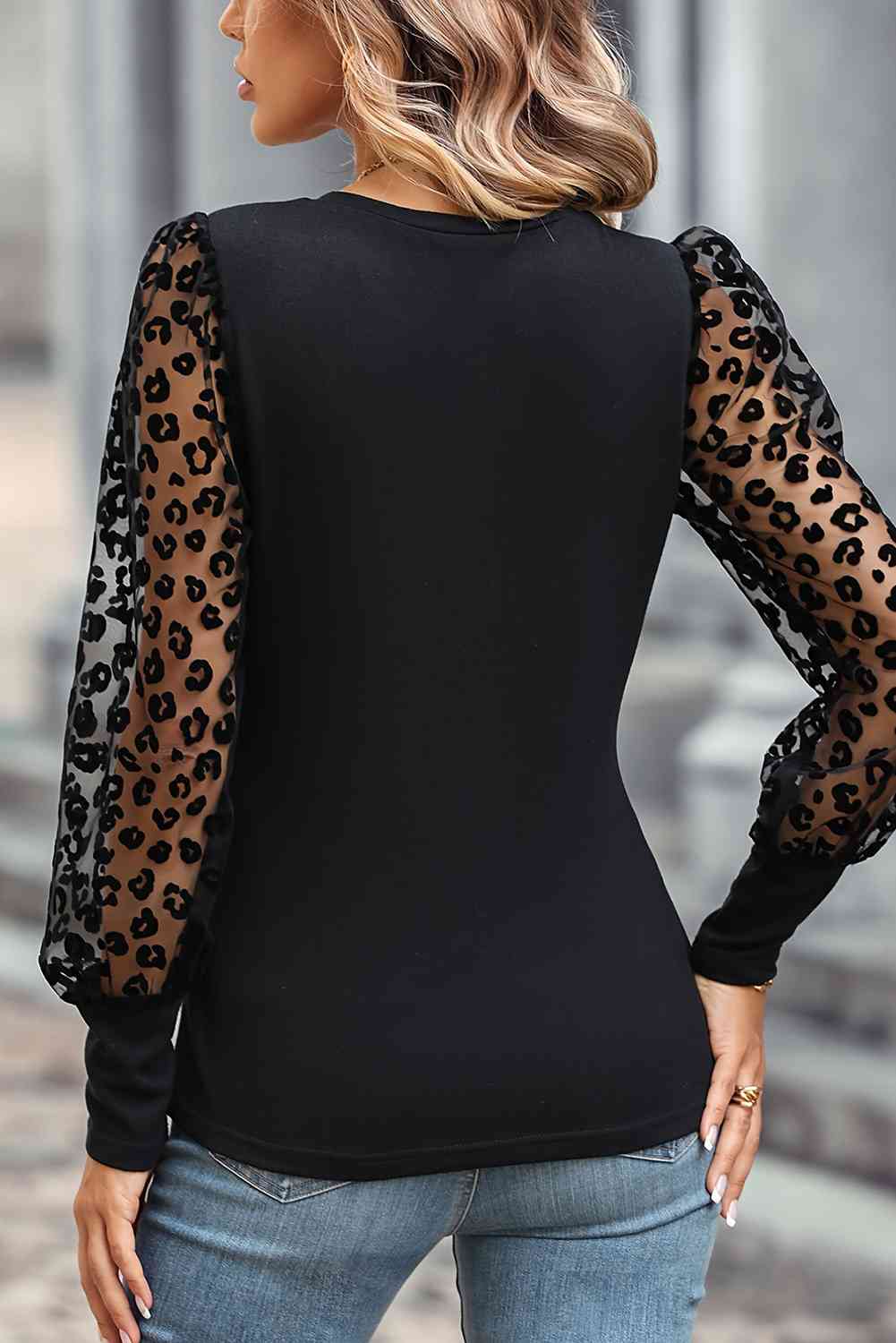Round Neck Lantern Sleeve Blouse - Ladyez