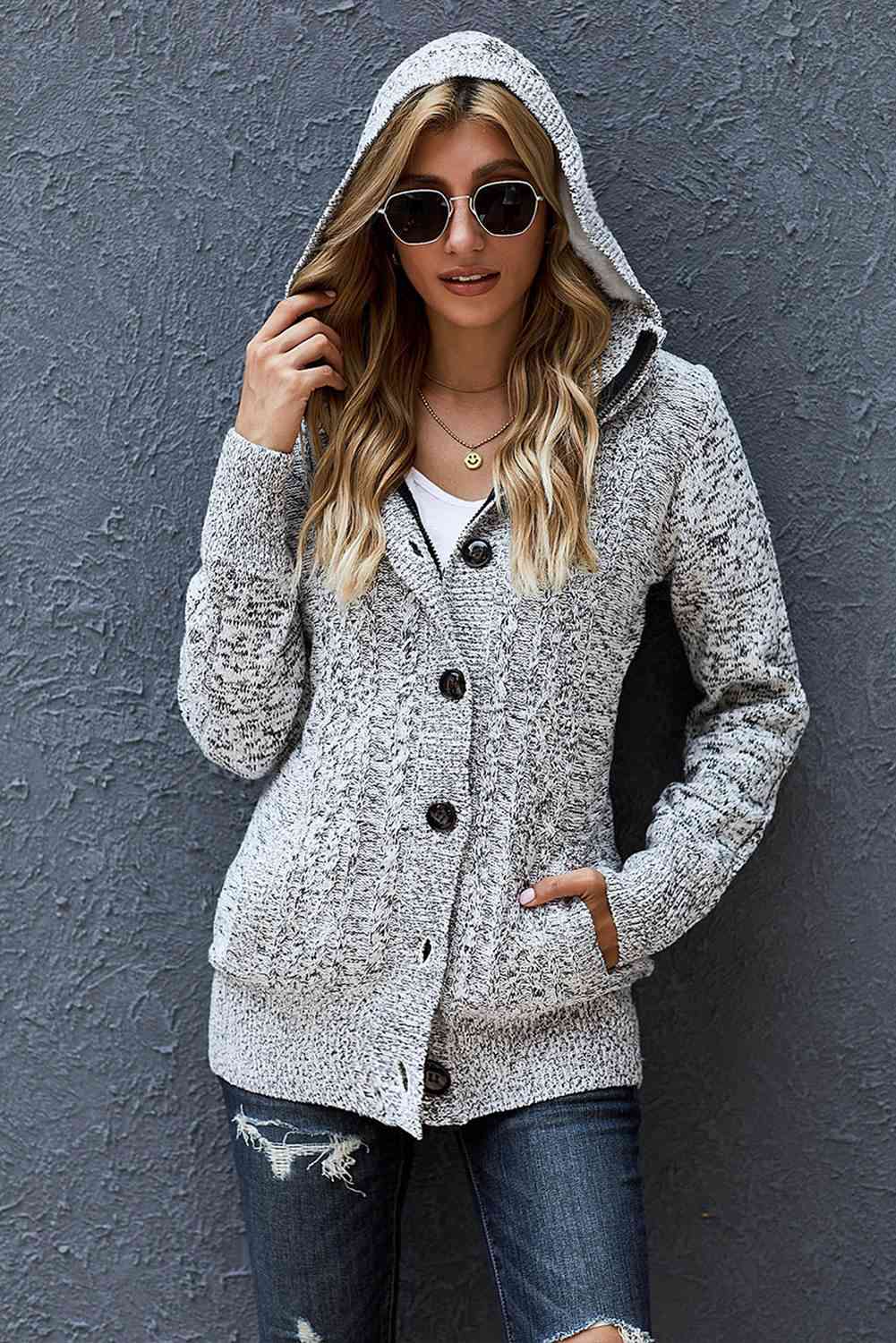Cable-Knit Fleece Lining Button-Up Hooded Cardigan - Ladyez