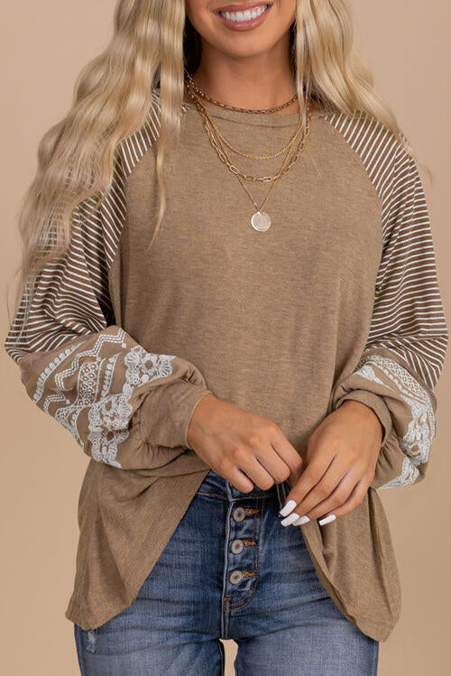 Striped Round Neck Long Sleeve Blouse - Ladyez
