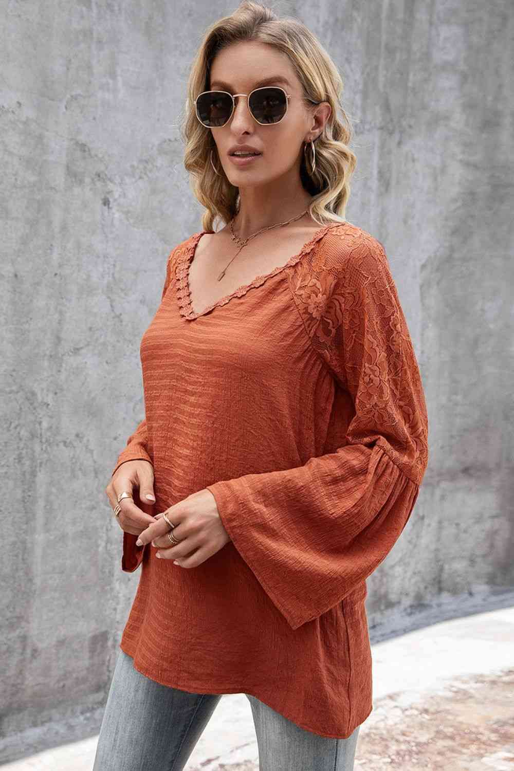V-Neck Spliced Lace Flare Sleeve Top - Ladyez