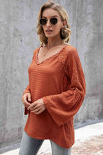 V-Neck Spliced Lace Flare Sleeve Top - Ladyez