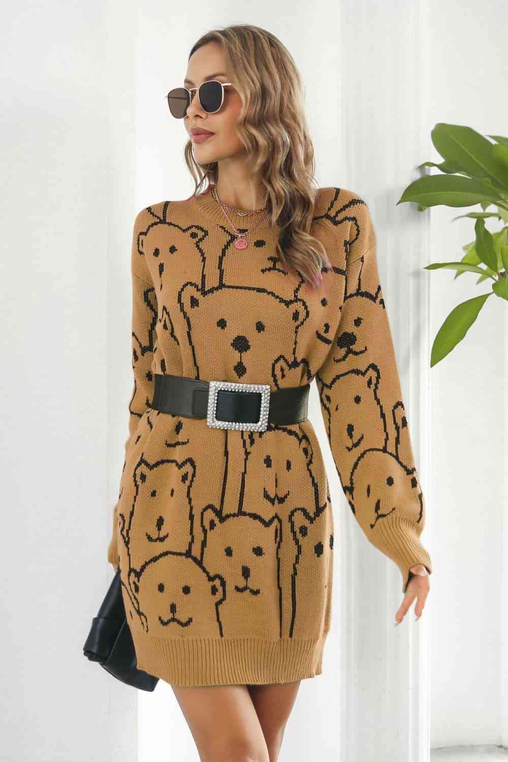 Bear Pattern Round Neck Sweater Dress - Ladyez