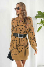 Bear Pattern Round Neck Sweater Dress - Ladyez