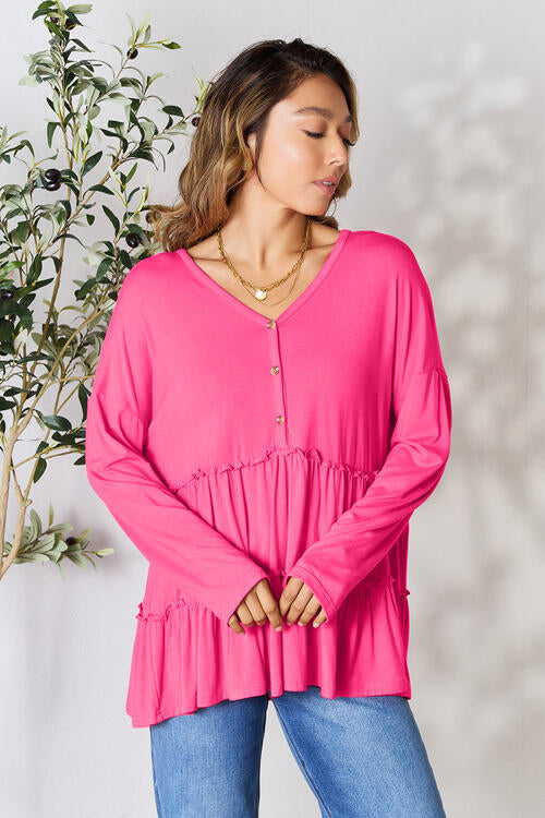 Double Take Half Button Long Sleeve Ruffle Hem Blouse - Ladyez