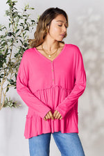 Double Take Half Button Long Sleeve Ruffle Hem Blouse - Ladyez