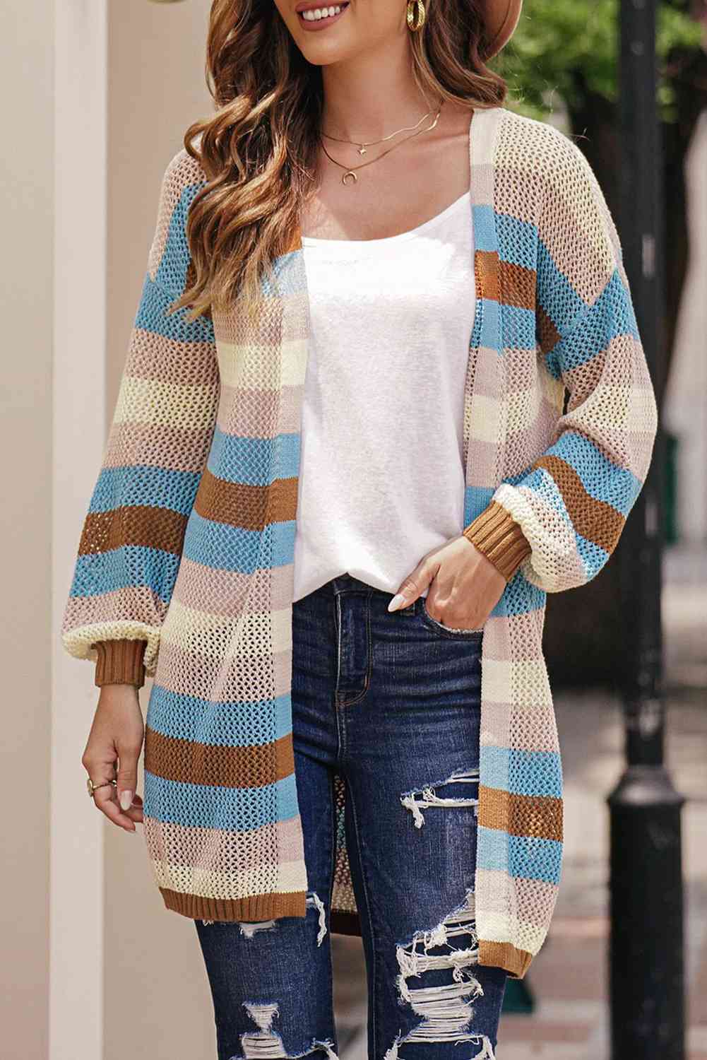 Full Size Striped Long Sleeve Openwork Cardigan - Ladyez