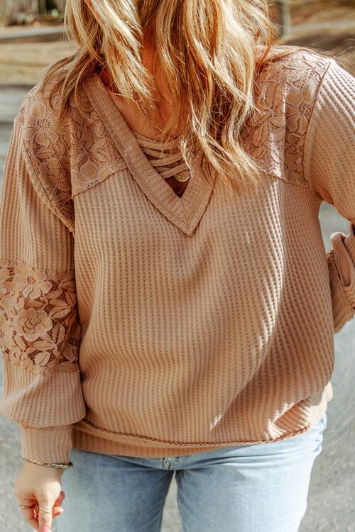 Plus Size Waffle -Knit V-Neck Long Sleeve Blouse - Ladyez