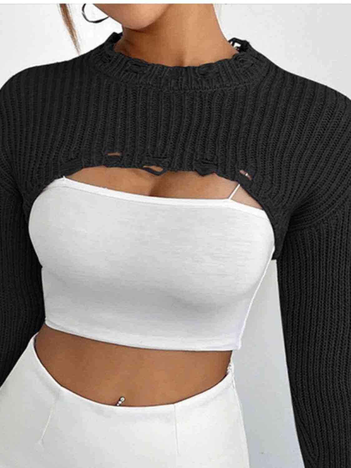 Distressed Long Sleeve Cropped Sweater - Ladyez
