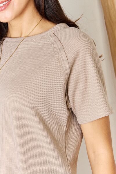 Zenana Baby Waffle Short Sleeve Slit High-Low T-Shirt - Ladyez