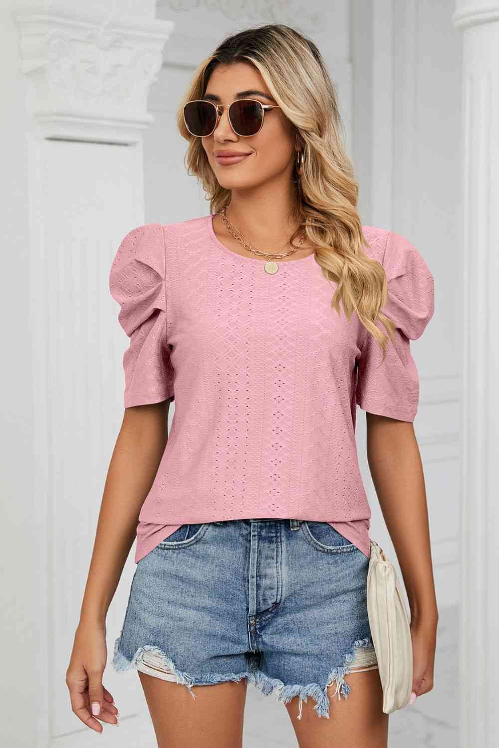 Eyelet Puff Sleeve Round Neck Blouse - Ladyez