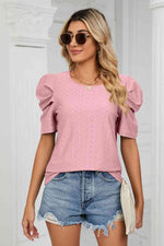 Eyelet Puff Sleeve Round Neck Blouse - Ladyez