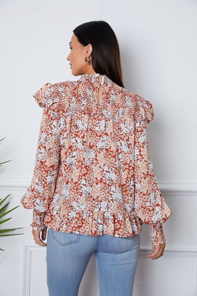 Floral Smocked Lantern Sleeve Ruffled Blouse - Ladyez