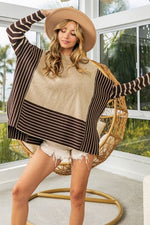 BiBi Striped Contrast Long Sleeve Slit Top - Ladyez
