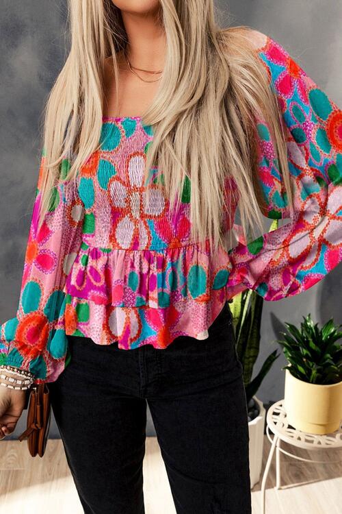 Floral Smocked Ruffled Balloon Sleeve Blouse - Ladyez