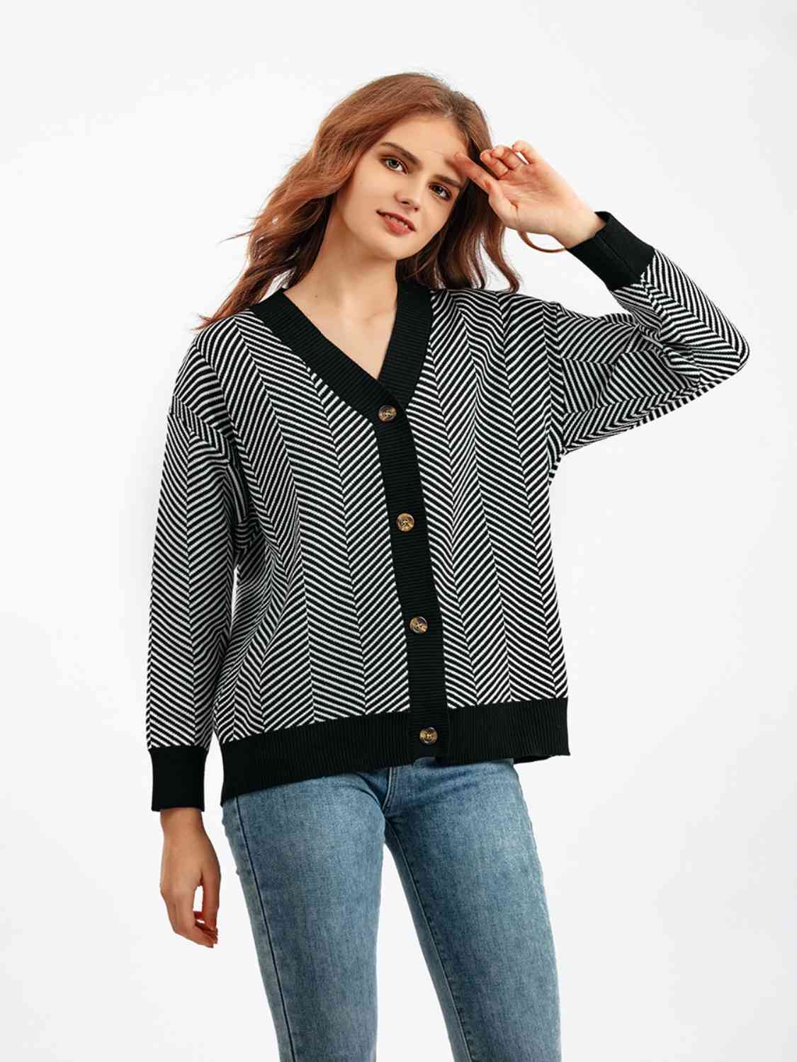 Button Down V-Neck Cardigan - Ladyez