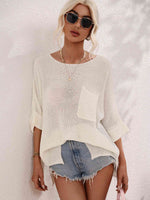 Boat Neck Cuffed Sleeve Slit Tunic Knit Top - Ladyez