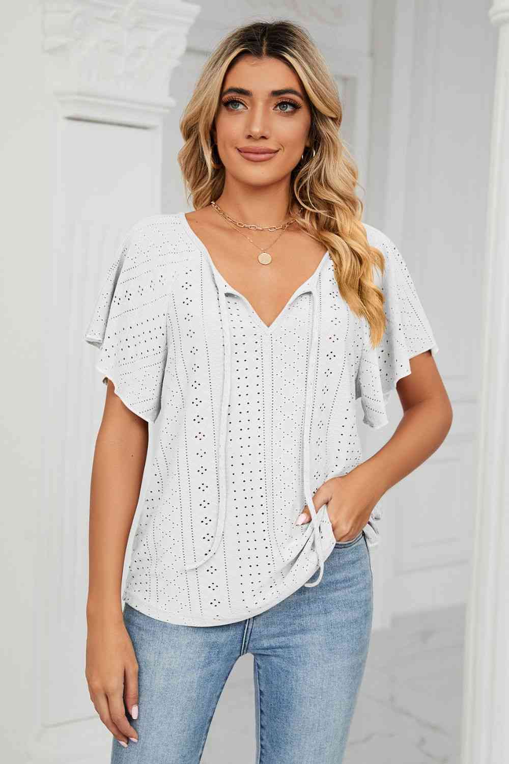Eyelet Tie-Neck Flutter Sleeve Top - Ladyez
