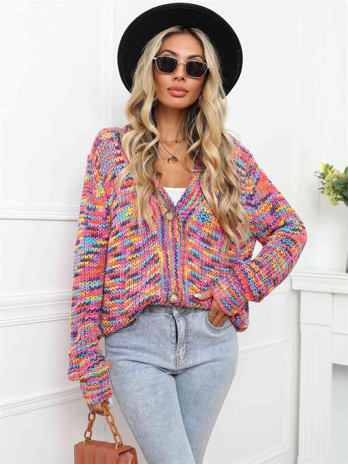 V-Neck Long Sleeve Cardigan - Ladyez