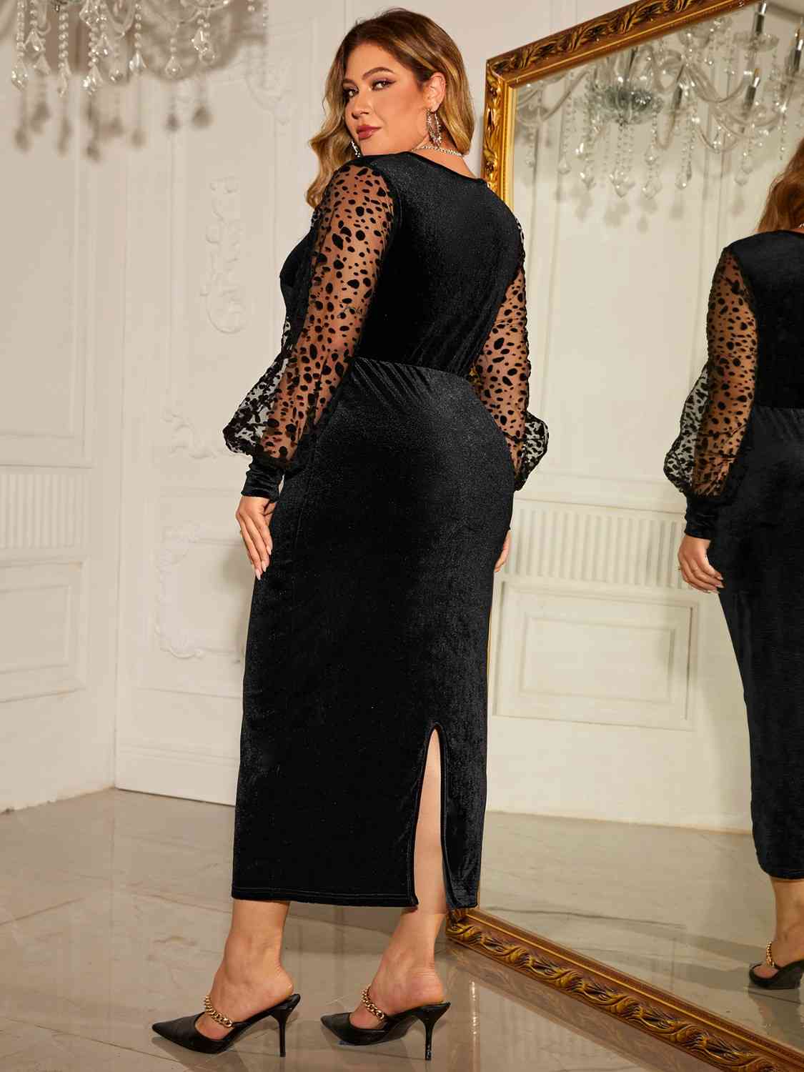 Plus Size Twist Front Lantern Sleeve Slit Dress - Ladyez