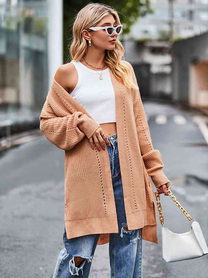 Long Sleeve Waffle-Knit Cardigan - Ladyez