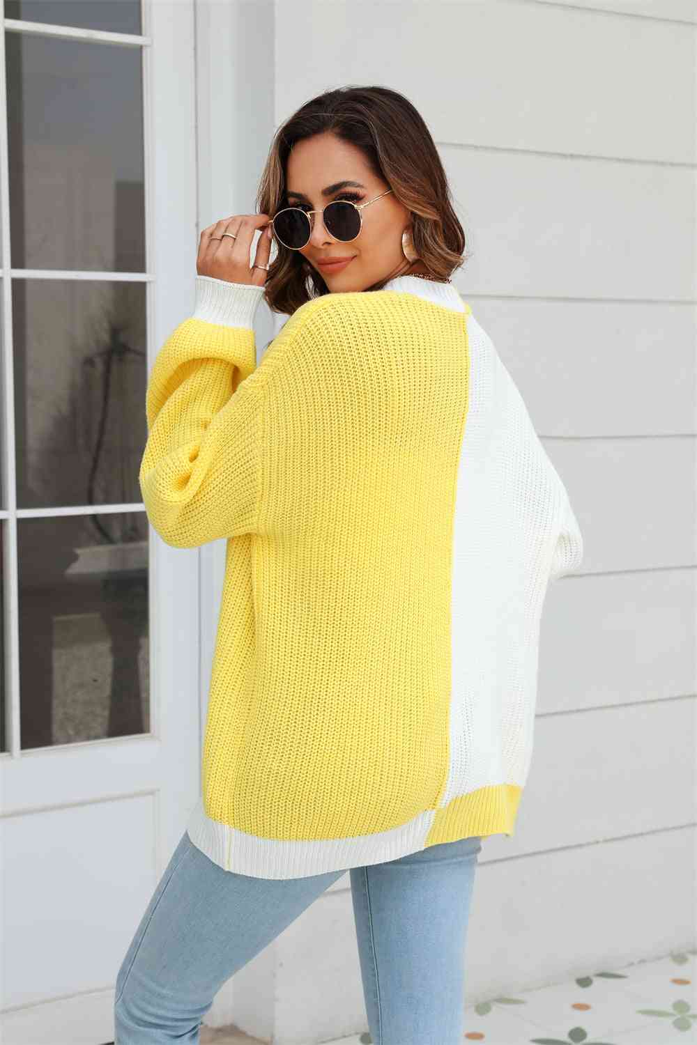 Open Front Contrast Color Balloon Sleeve Cardigan - Ladyez