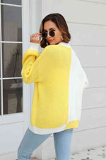 Open Front Contrast Color Balloon Sleeve Cardigan - Ladyez