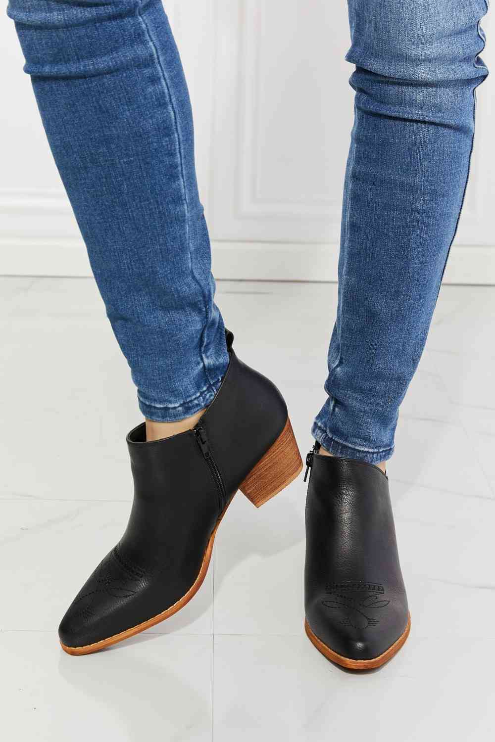 MMShoes Trust Yourself Embroidered Crossover Cowboy Bootie in Black - Ladyez
