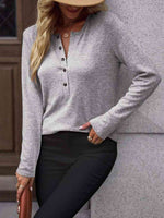 Round Neck Buttoned Long Sleeve T-Shirt - Ladyez