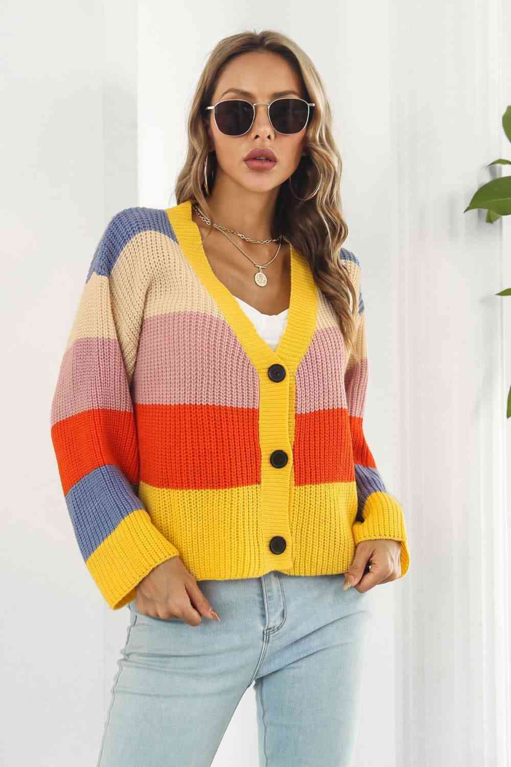 Color Block Button-Down Dropped Shoulder Cardigan - Ladyez