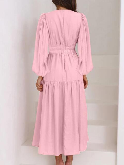 Deep V-Neck Balloon Sleeve Plain Maxi Dress - Ladyez