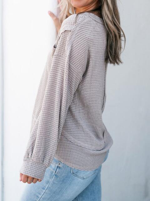 Waffle-Knit V-Neck Blouse with Breast Pocket - Ladyez