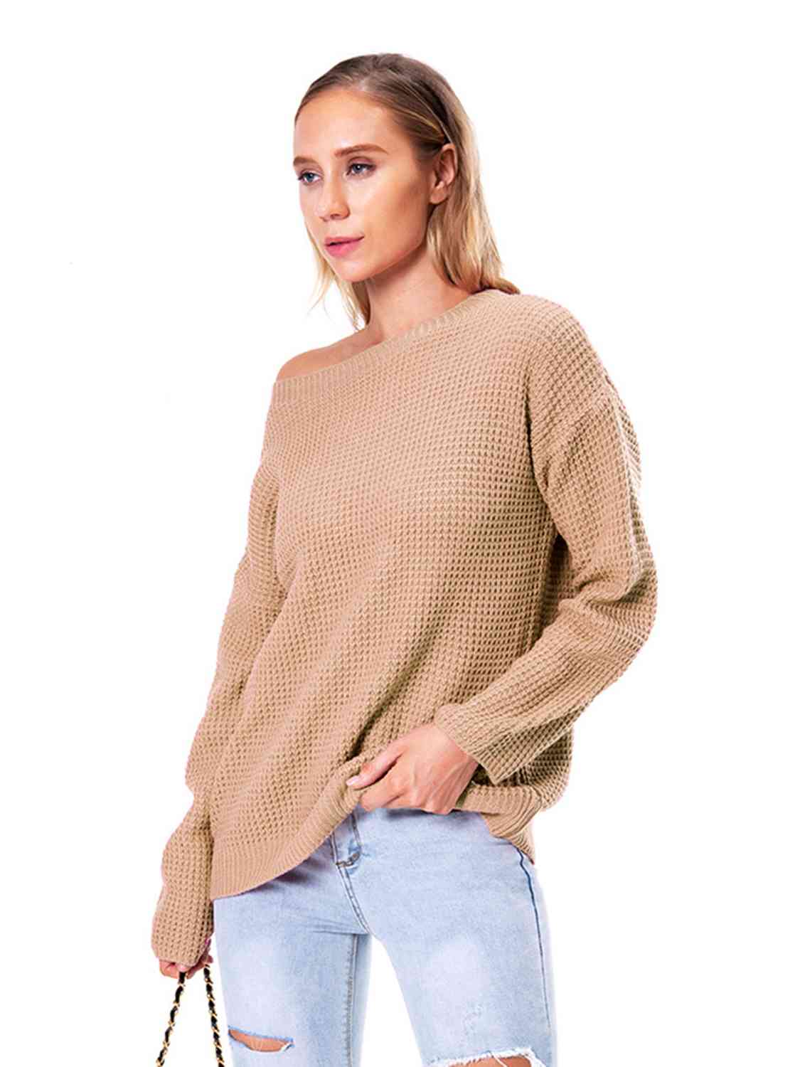 Boat Neck Drop Shoulder Long Sleeve Sweater - Ladyez