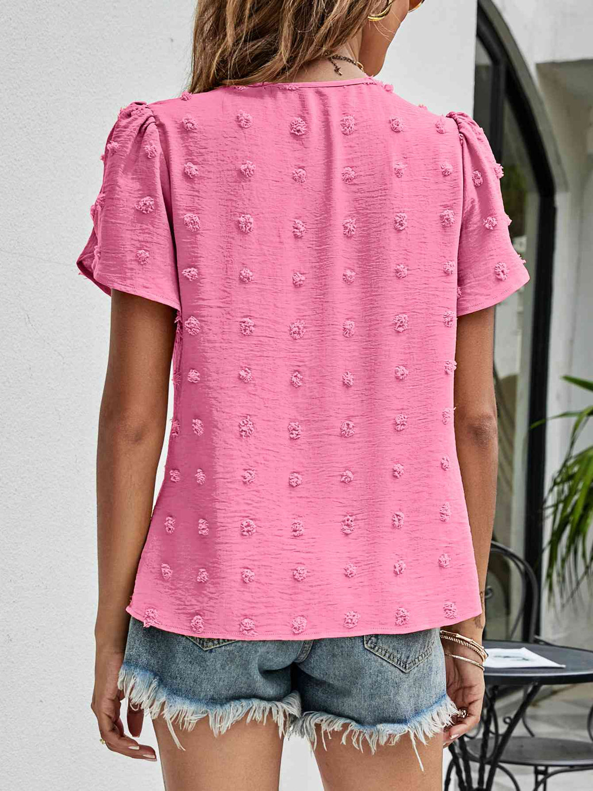 Swiss Dot Round Neck Petal Sleeve Top - Ladyez