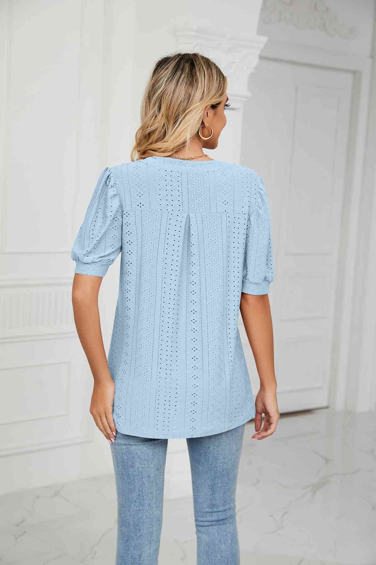 Eyelet Short Puff Sleeve Notched Neck Top - Ladyez