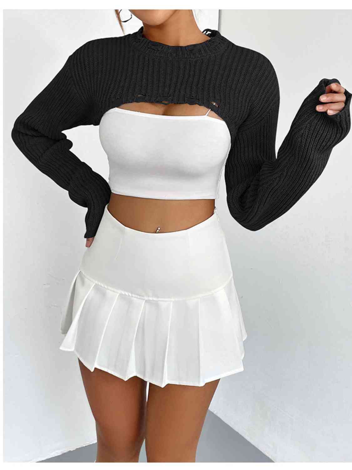 Distressed Long Sleeve Cropped Sweater - Ladyez