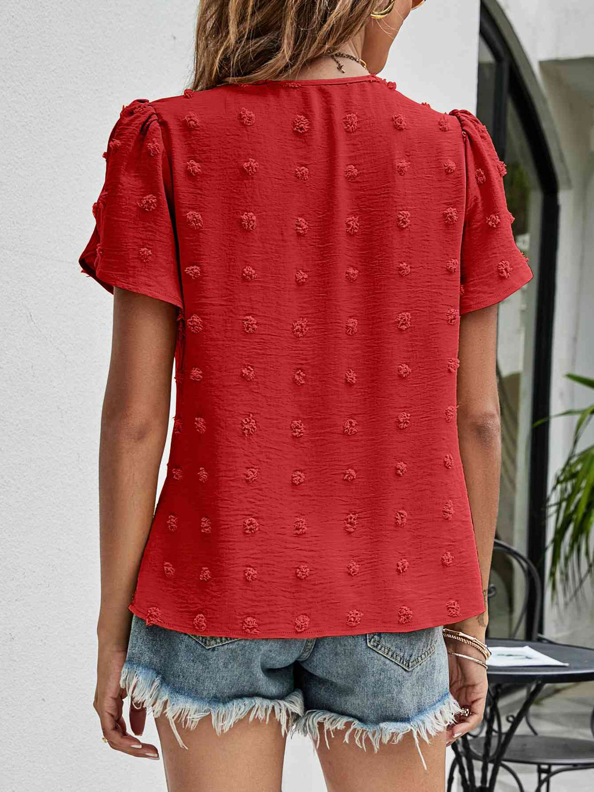 Swiss Dot Round Neck Petal Sleeve Top - Ladyez