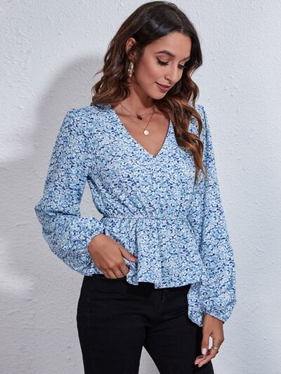 Floral V-Neck Balloon Sleeve Peplum Blouse - Ladyez