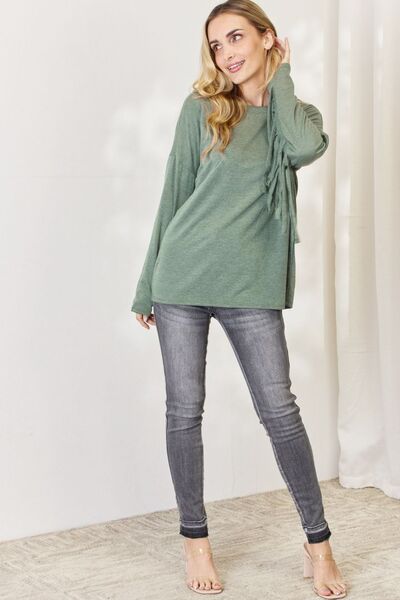 Celeste Full Size Fringe Detail Long Sleeve Top - Ladyez