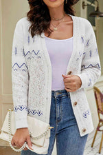 Printed V-Neck Buttoned Cardigan - Ladyez