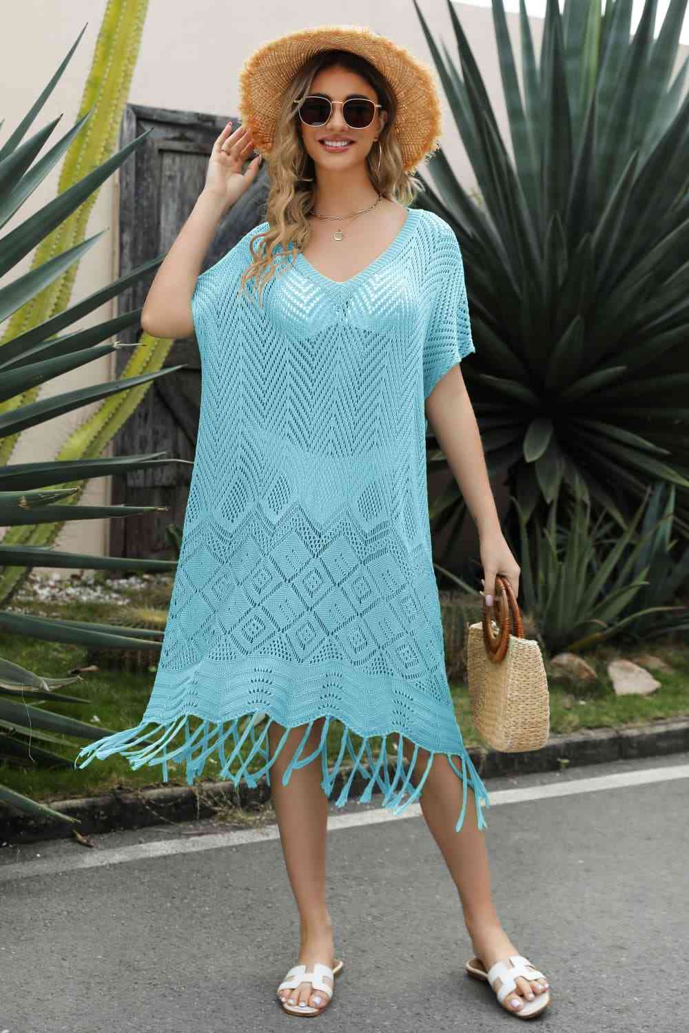 V-Neck Short Sleeve Fringe Hem Knit Dress - Ladyez