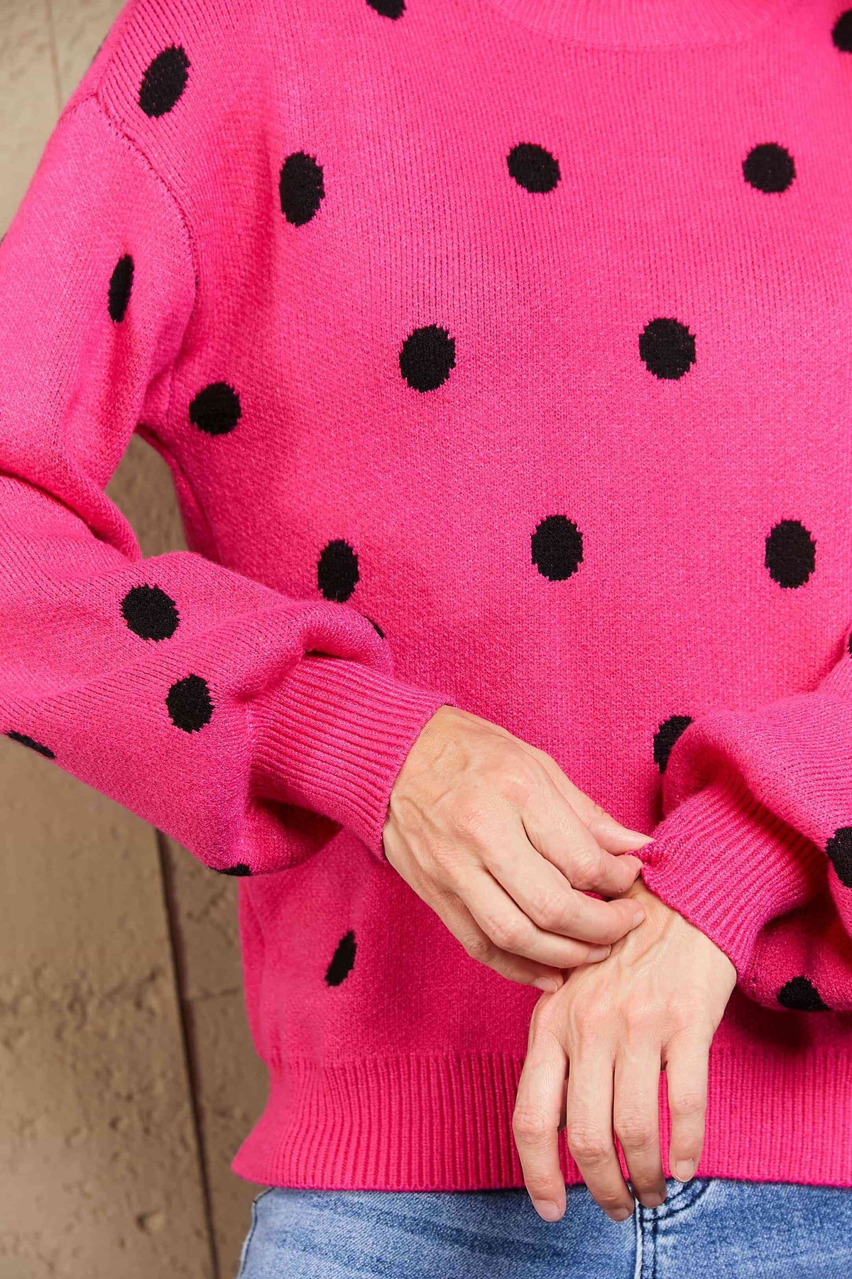 Woven Right Polka Dot Round Neck Dropped Shoulder Sweater - Ladyez