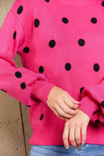 Woven Right Polka Dot Round Neck Dropped Shoulder Sweater - Ladyez