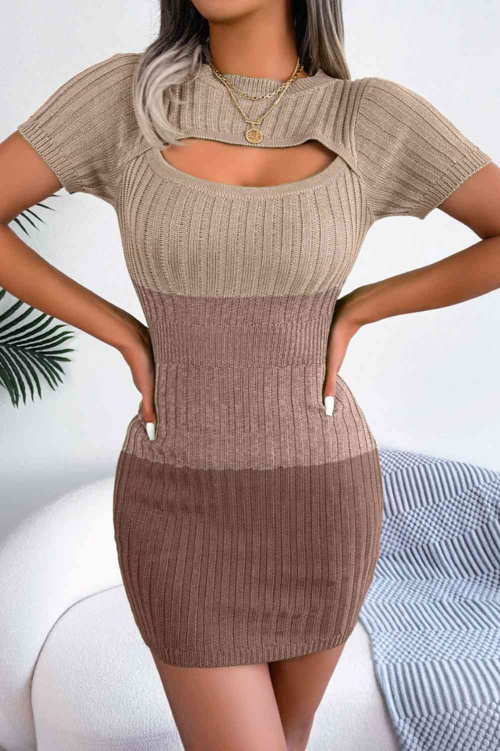 Color Block Cutout Short Sleeve Sweater Dress - Ladyez