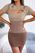 Color Block Cutout Short Sleeve Sweater Dress - Ladyez