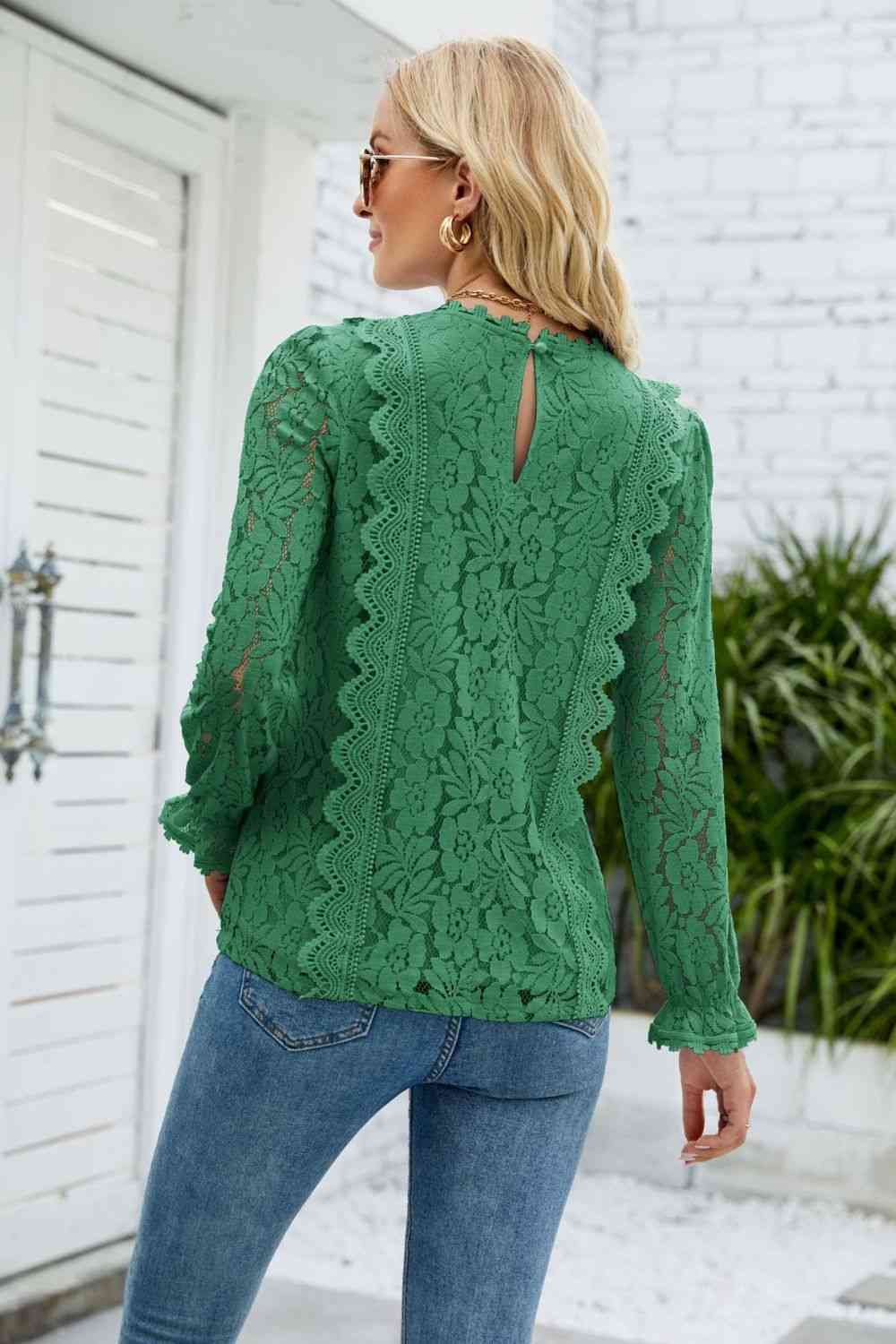 V-Neck Flounce Sleeve Lace Top - Ladyez